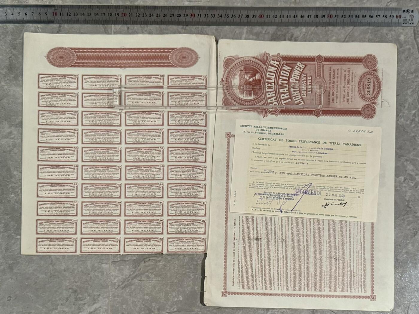 【乾奕收藏】上世纪初西班牙巴塞罗那电车电灯电力公司1913年100美元黄金股票，编号309819，背面带原始票据，品相以图为准，适合老证券、股票、历史资料收藏