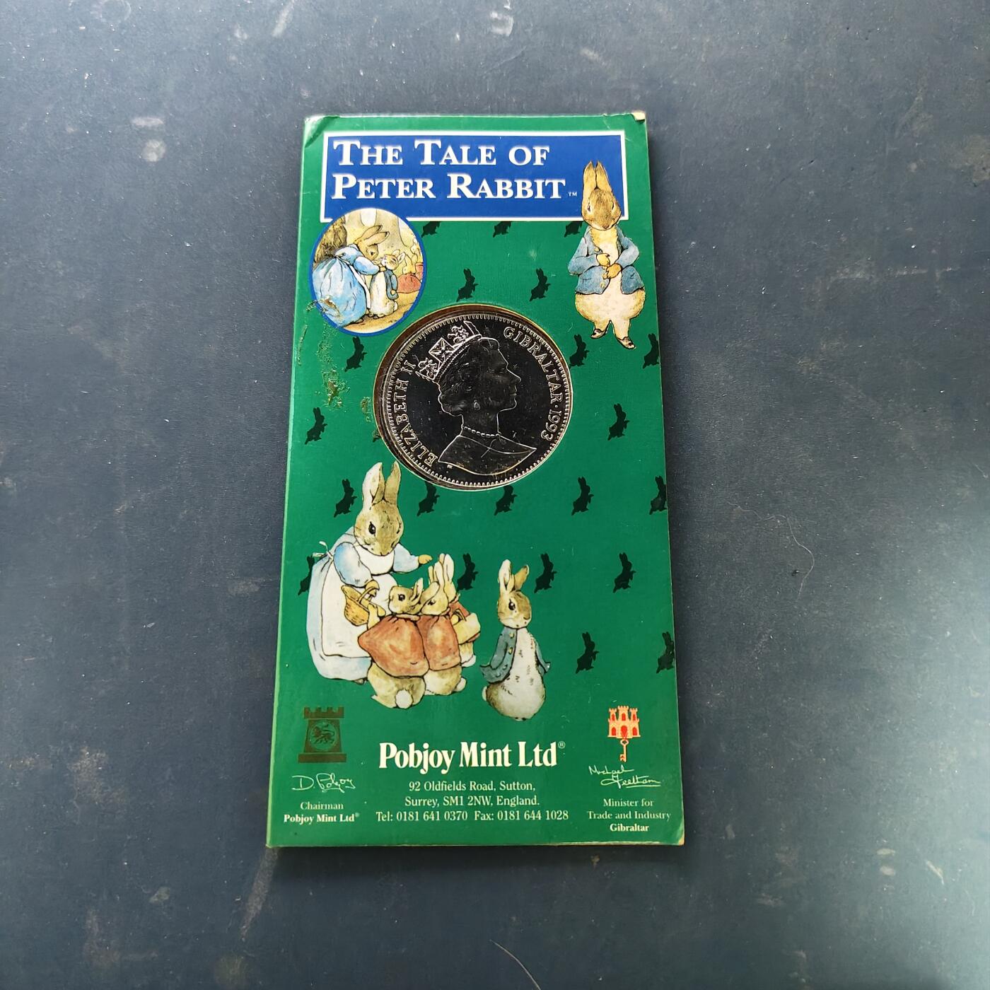 【全场包邮】纯粹捡漏拍519场 直布罗陀1993年1克朗彼得兔100周年官方卡装克朗型纪念币