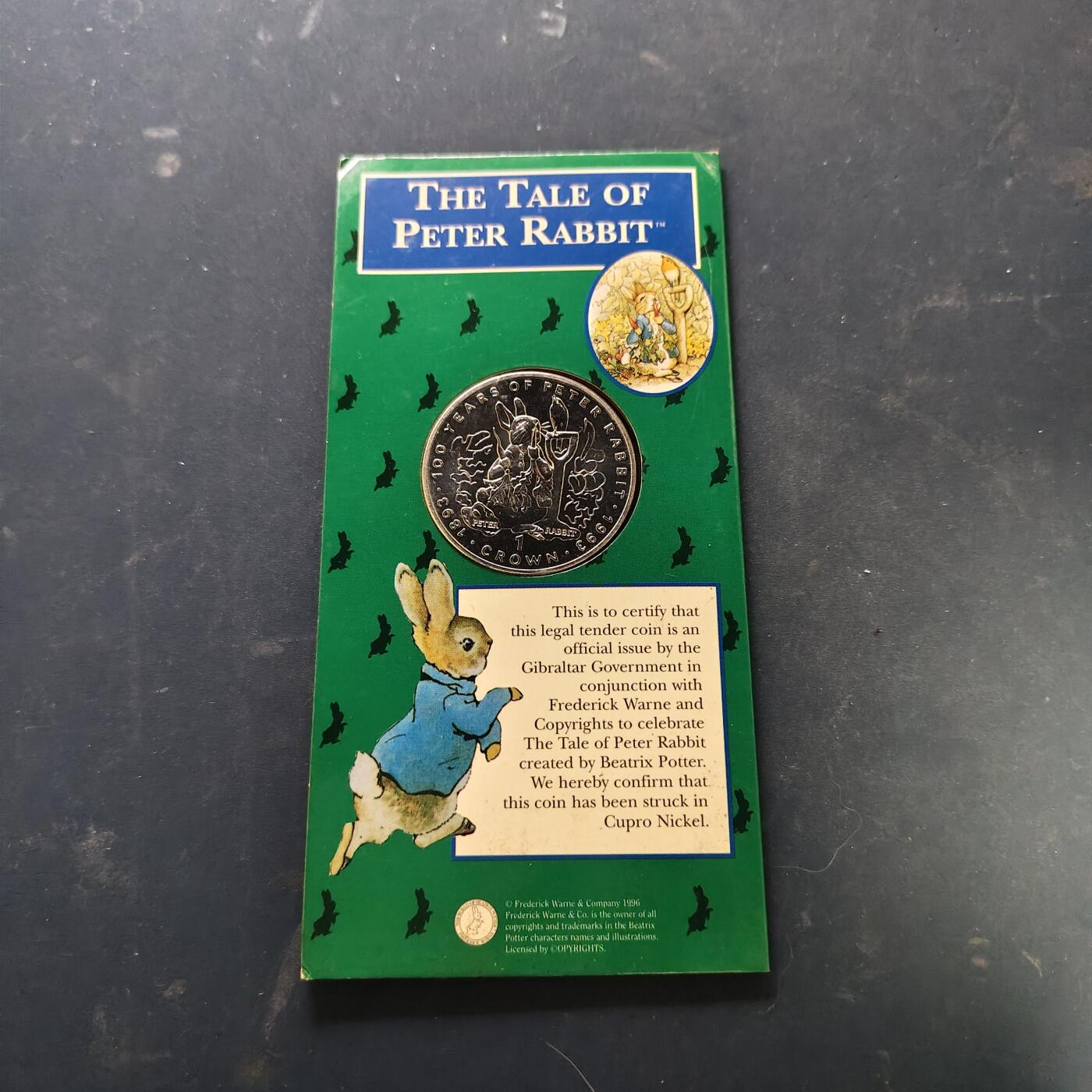 【全场包邮】纯粹捡漏拍519场 直布罗陀1993年1克朗彼得兔100周年官方卡装克朗型纪念币