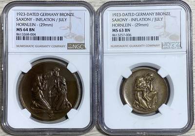 万国钱币拍卖第065期 - NGC MS63～64 1923年德国萨克森紧急时期通货膨胀大小铜章一对 原铜光弗里德里希·威廉·霍恩莱因设计 穆尔登赫滕铸币厂造 背面是著名的“50万马克一块面包”式的物价指数