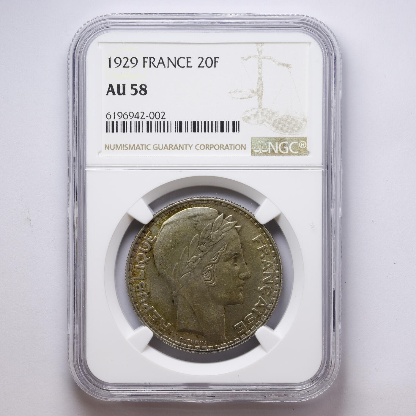 观钱 近现代机制币拍卖No.008（全场顺丰包邮，不区分偏远地区）  法国 1929 年法国银币 20 法郎 NGC AU58 近未流通，谷物女神细节完整，包浆自然，品相良好