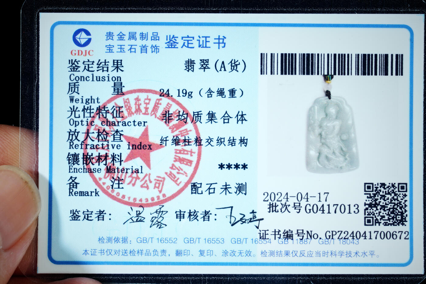 上海都达杂项专场六十九【全场包邮】 天然冰胶绿翡翠（A货）精雕《不动明王》挂件 附鉴定证书96-8