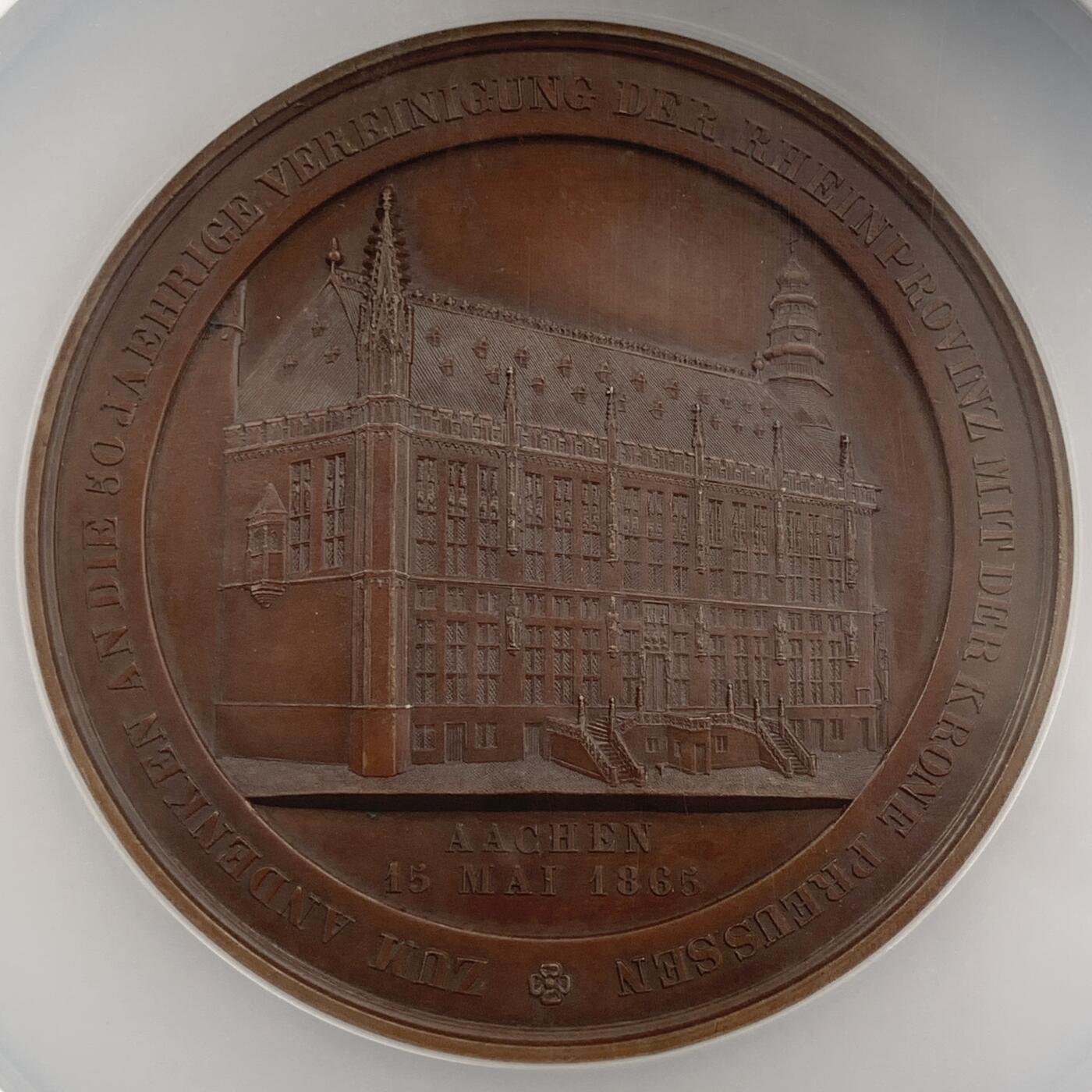 掌中浮雕-藏着的欧洲第057场 NGC MS64 : 1865年德国亚琛莱茵省并入普鲁士50周年纪念铜章, 70mm
