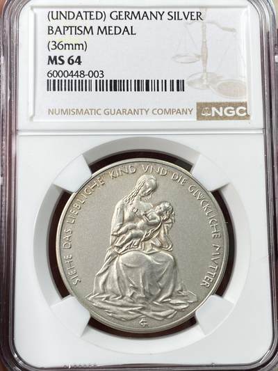 万国钱币拍卖第065期 - NGC MS64 20世纪初德国洗礼纪念银章 罕见品种 磨砂matte质感 年轻的玛利亚为新生儿施洗 背面两位小天使守护着名册 未签名未使用状态极其难得