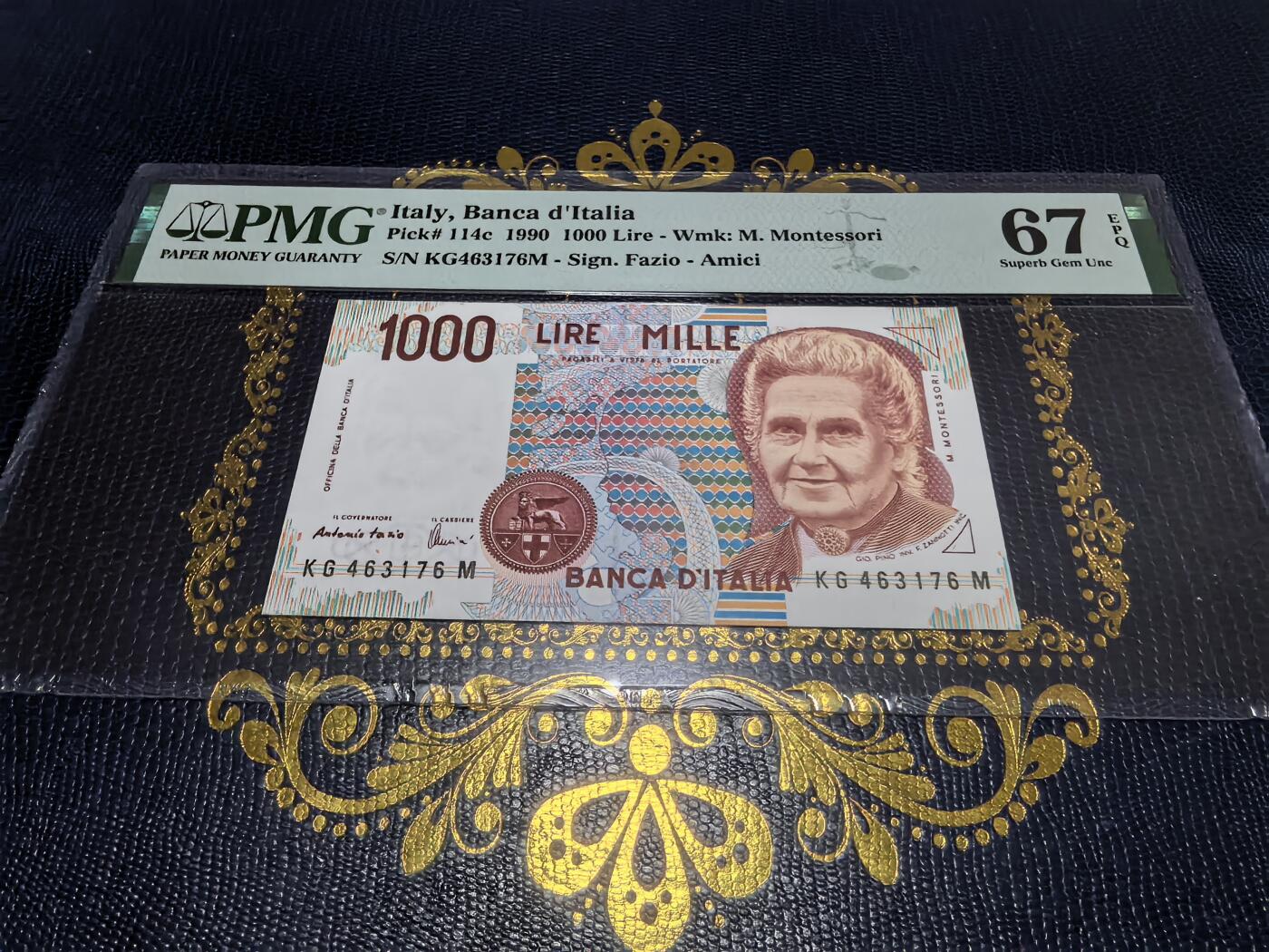 长老汇马年精选第十六场拍卖 1990意大利蒙台梭利1000里拉纸钞，PMG 67，蒙台梭利教学法创始人