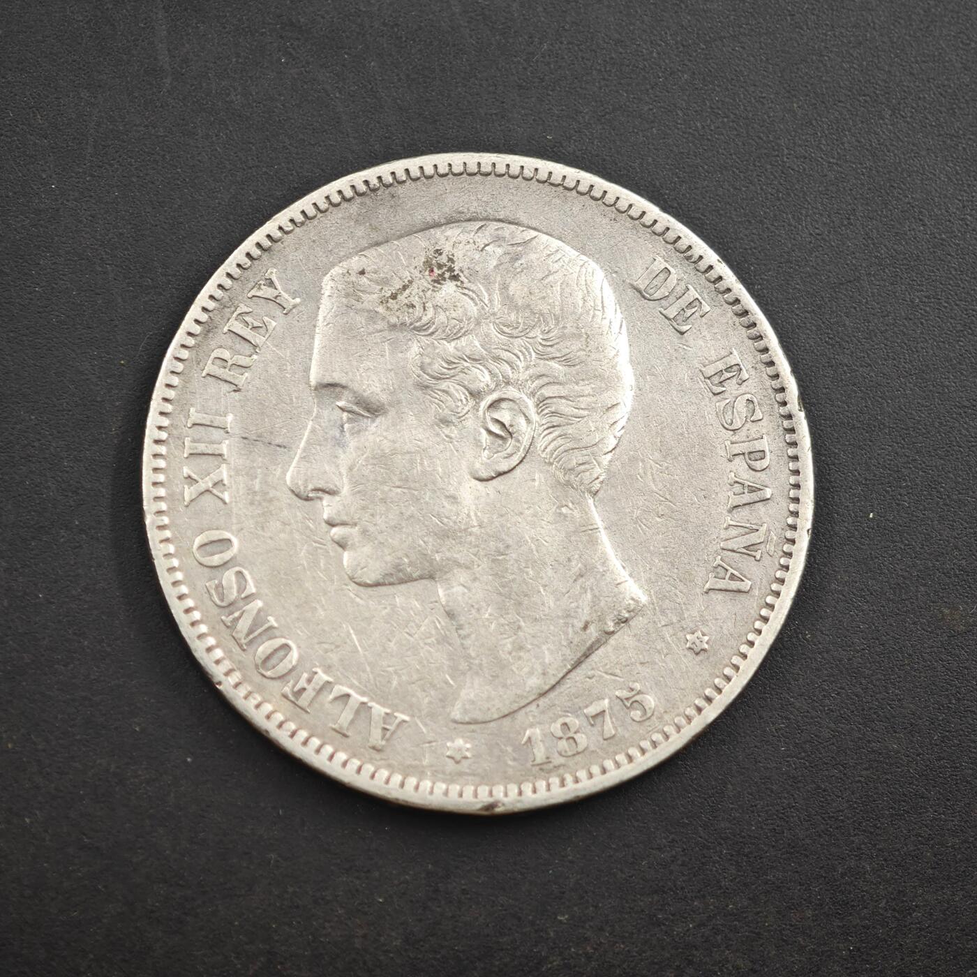 4月8日结束，成斌徽章钱币专场 西班牙1875年阿方索十二世5比萨塔银币 24.8g