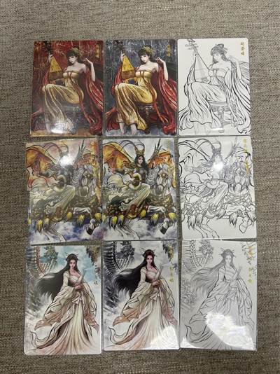 喜灰玩卡拍卖第七期，接拍品0佣金，欢迎送拍，释放现金流，让自己有资金可以购买更多喜欢的卡牌，让别的卡友能淘到更多心仪的卡牌 - 卡德曼 张建东水浒第二弹 特卡 精雕普卡一套9张 张贞娘、仇琼英、阎婆惜（原色、水墨、线稿）