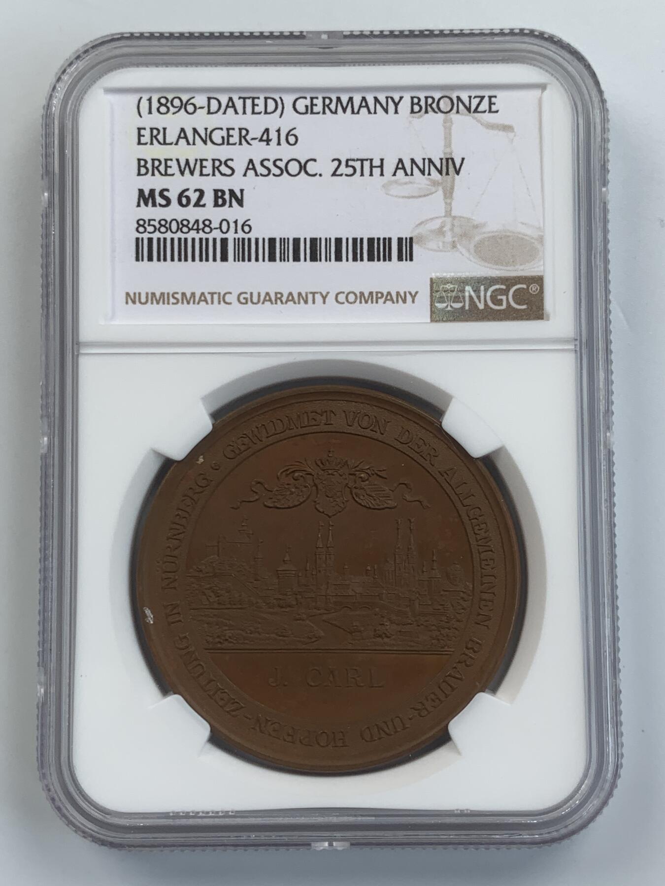 掌中浮雕-藏着的欧洲第057场 NGC MS62 : 1896年德国酿酒师协会成立25周年纪念铜章，40mm