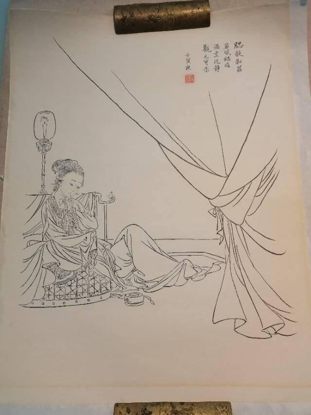 现代传统工笔白描《静思图》