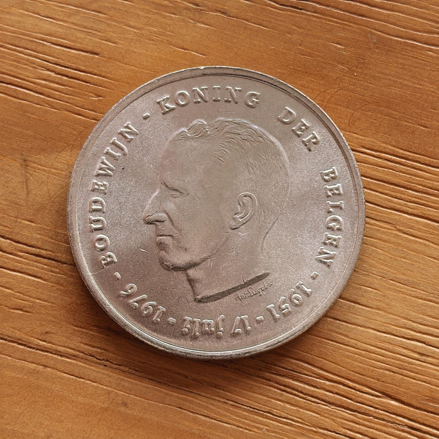 道一币馆币章第一百七十三场 比利时1976年博杜安一世国王银婚纪念250法郎银币  25g 835s