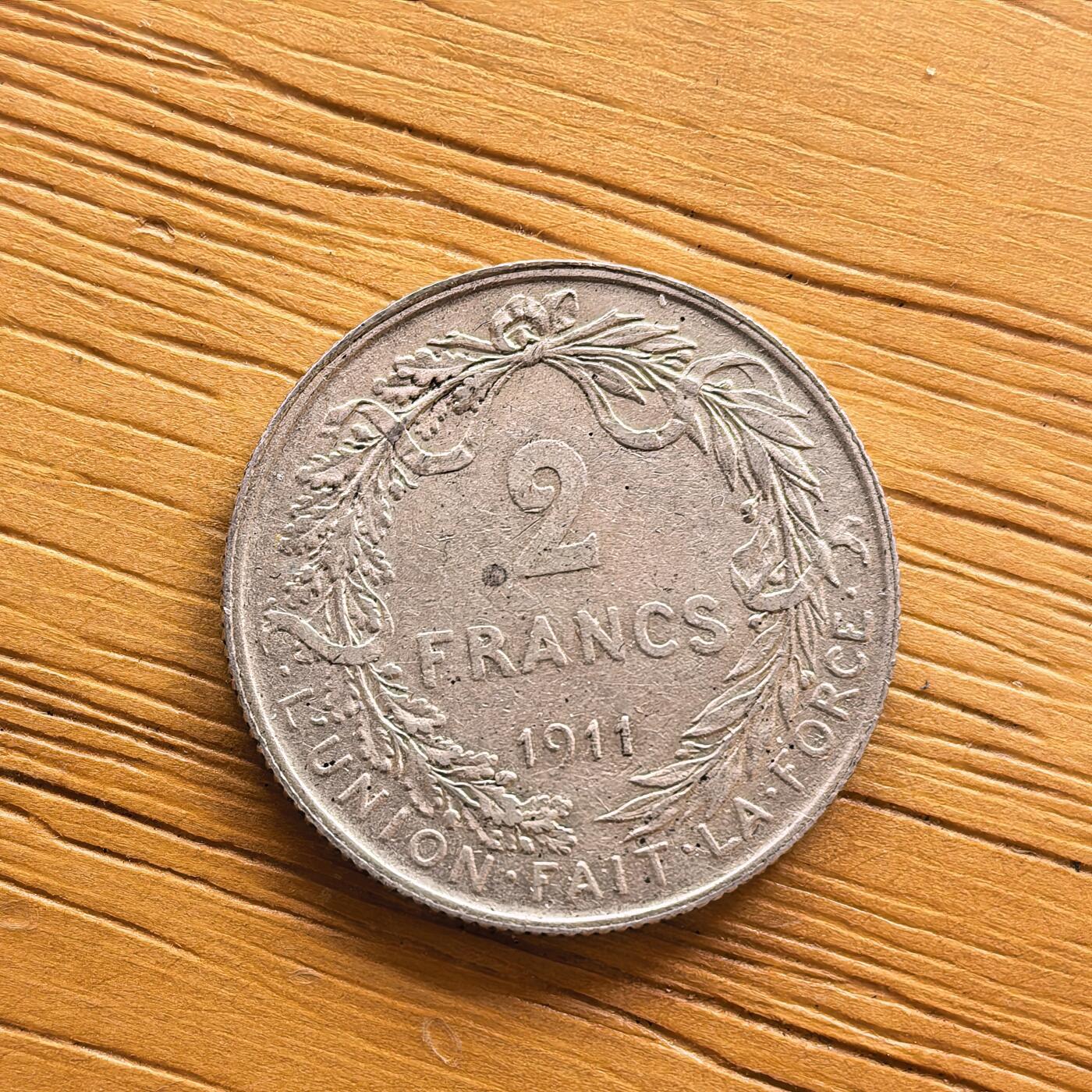 道一币馆币章第一百七十三场 比利时1911年阿尔伯特一世2法郎银币 10g 835s