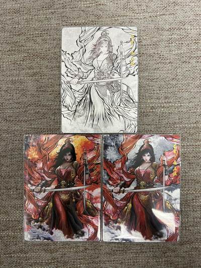 喜灰玩卡拍卖第七期，接拍品0佣金，欢迎送拍，释放现金流，让自己有资金可以购买更多喜欢的卡牌，让别的卡友能淘到更多心仪的卡牌 - 卡德曼 张建东水浒第二弹 特卡扈三娘  折光粗闪 一套3张（原色、水墨、线稿）