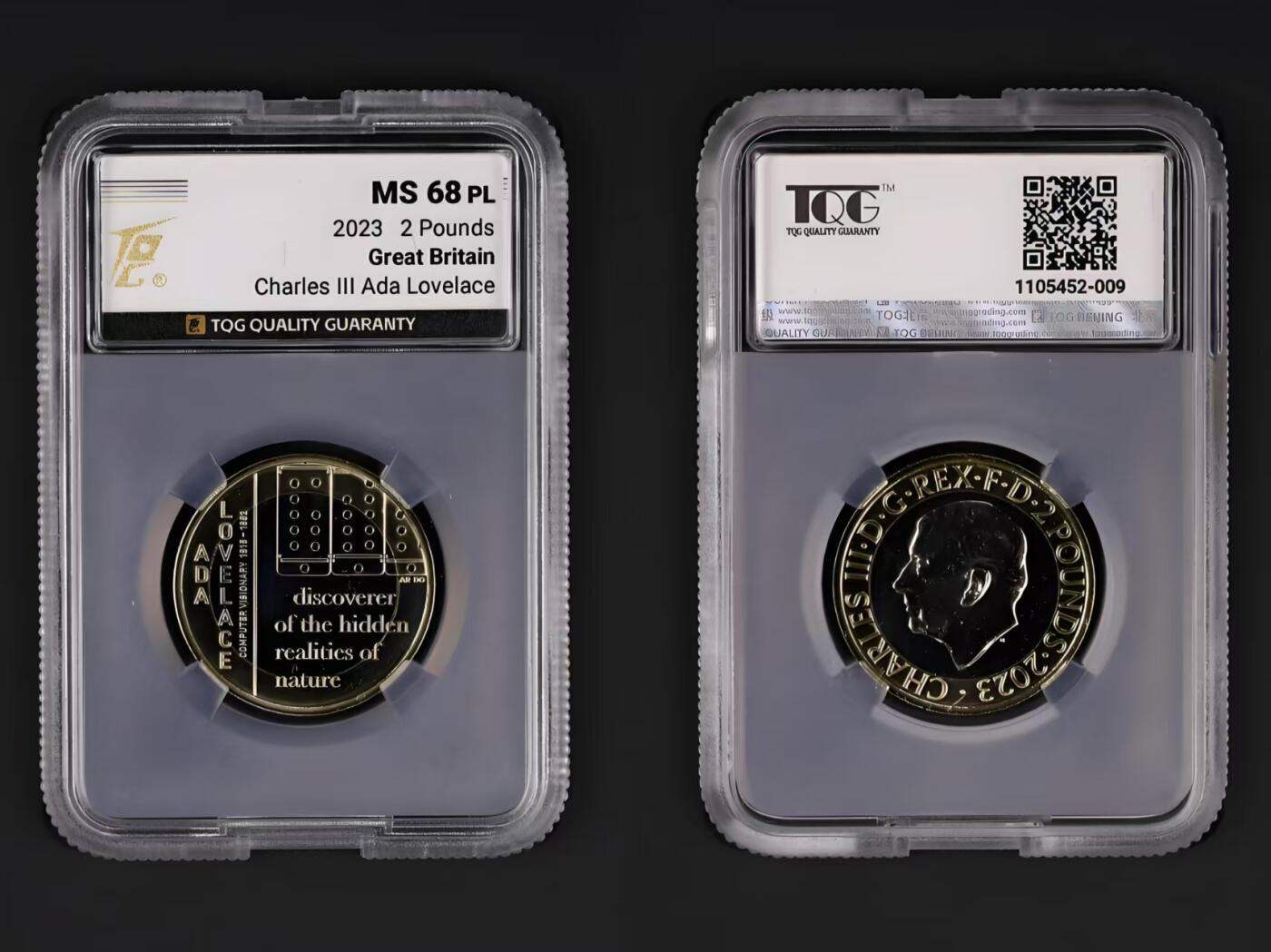 长老汇马年精选第十六场拍卖 珍惜！错版无A  英国2023年 数学家阿达洛芙莱斯 2英镑双色纪念币 TQG MS68PL，镜面质感，错版极其稀少，市面不可见，不可多得的珍惜收藏品