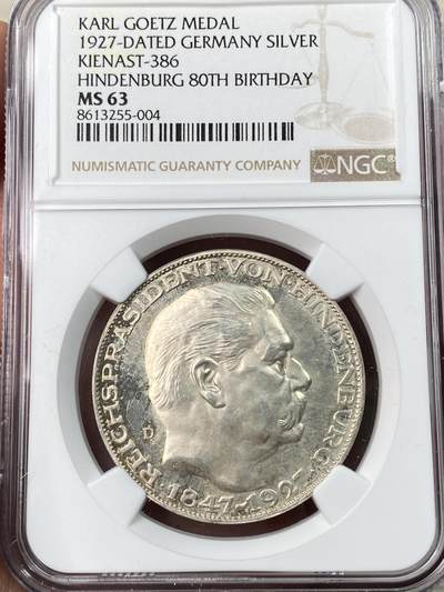 万国钱币拍卖第065期 - NGC MS63 1927德国魏玛共和国总统兴登堡八十大寿5马克币章 卡尔歌茨作品 银霜淡彩打制犀利