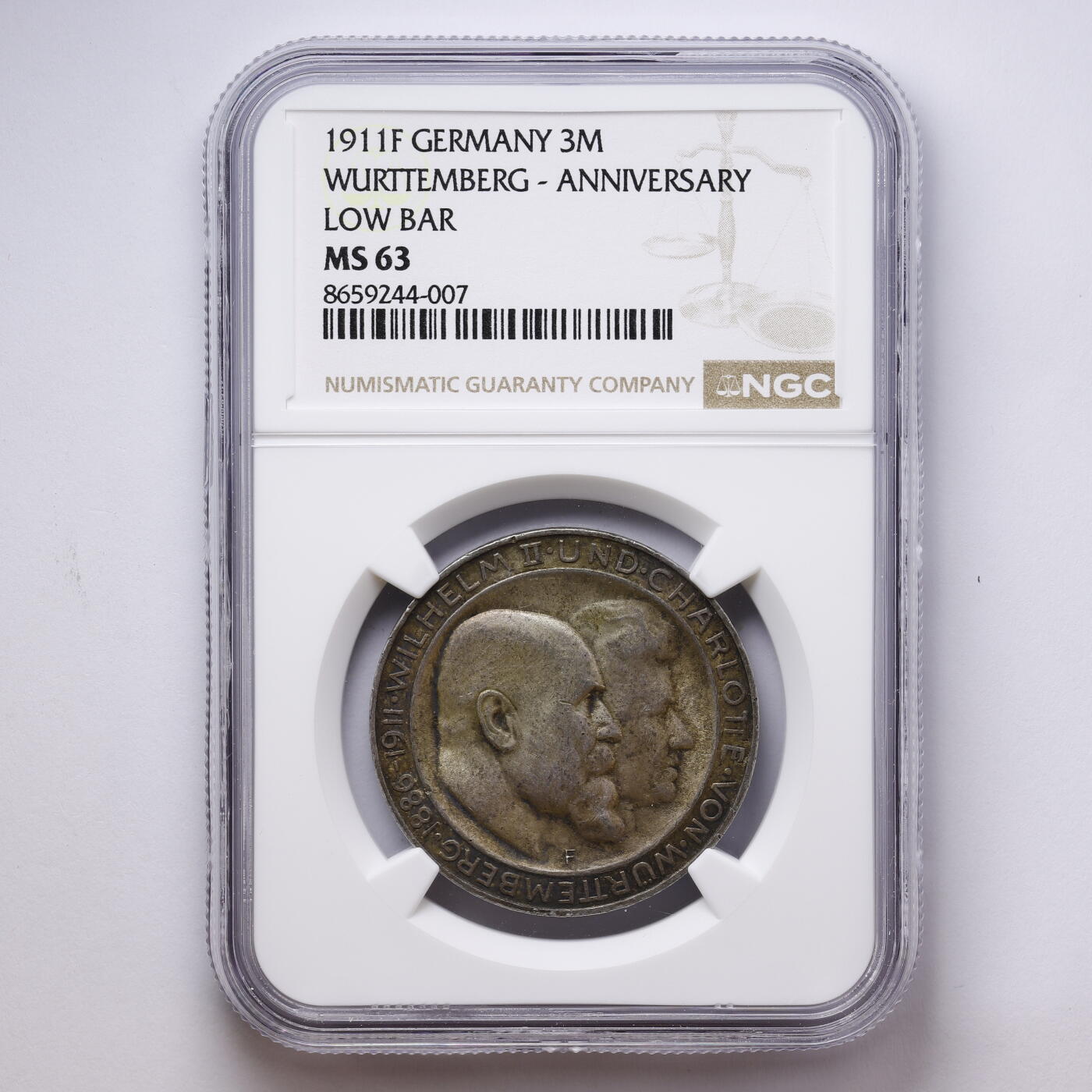 观钱 近现代机制币拍卖No.008（全场顺丰包邮，不区分偏远地区）  德国 1911F 符腾堡威廉二世与夏洛特金婚纪念 3 马克银币（LOW BAR 版） NGC MS63 未流通原光，人像细节完整，包浆自然，品相极佳