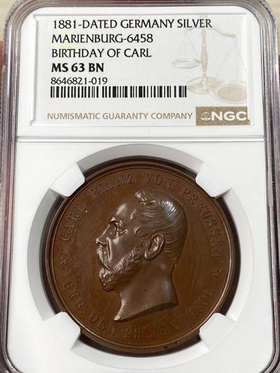 万国钱币拍卖第065期 - NGC MS63 1881年德国普鲁士弗里德里希·卡尔·亚历山大王子80大寿纪念铜章 高浮雕原铜光帝国鹰与双铁十字祝寿 其为普鲁士威廉一世和威廉四世的亲弟弟戎马一生 G LOOS大师作品 39.23MM 28.97G 出自法兰克福老藏家集藏