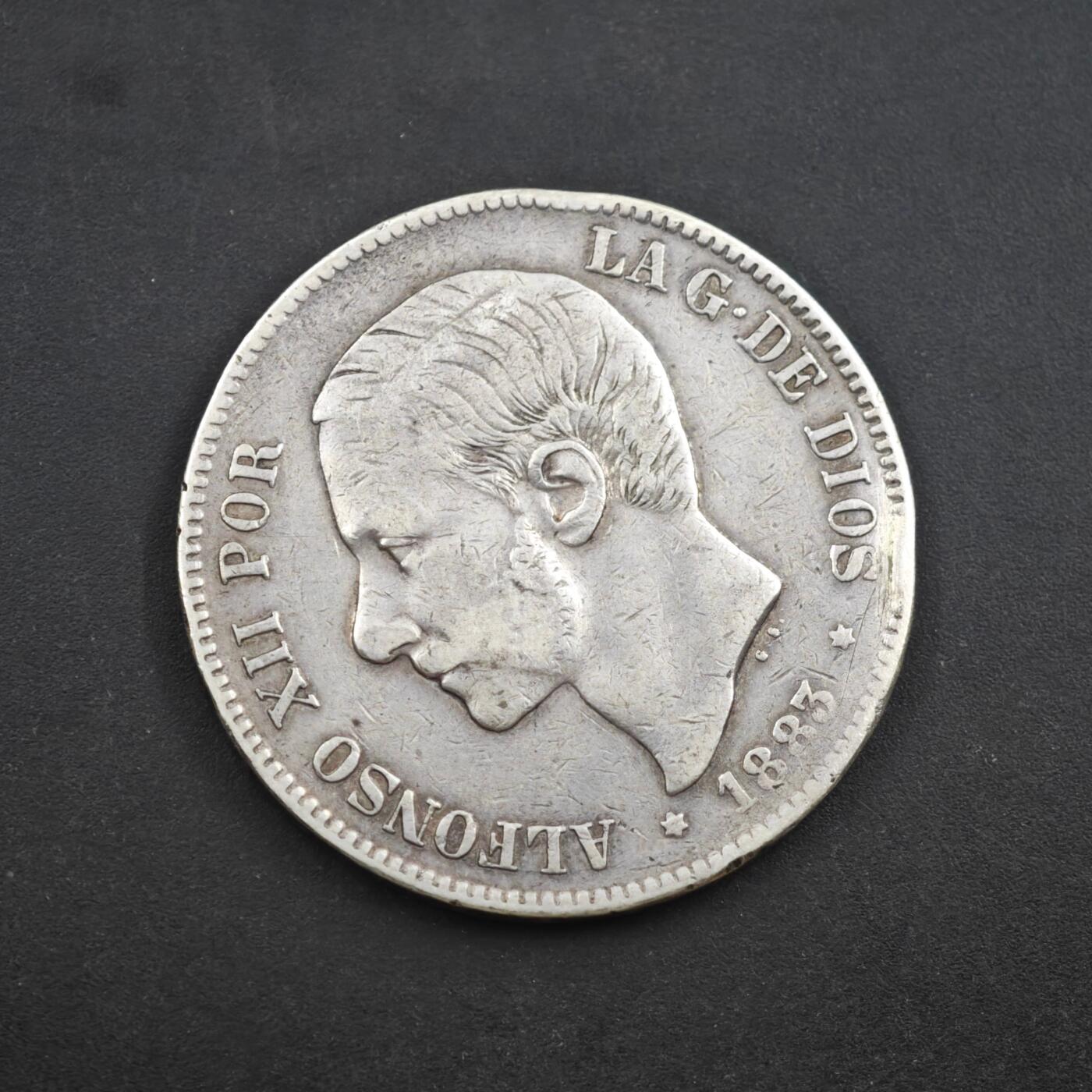 4月8日结束，成斌徽章钱币专场 西班牙阿方索十二世5比塞塔银币 24.5g