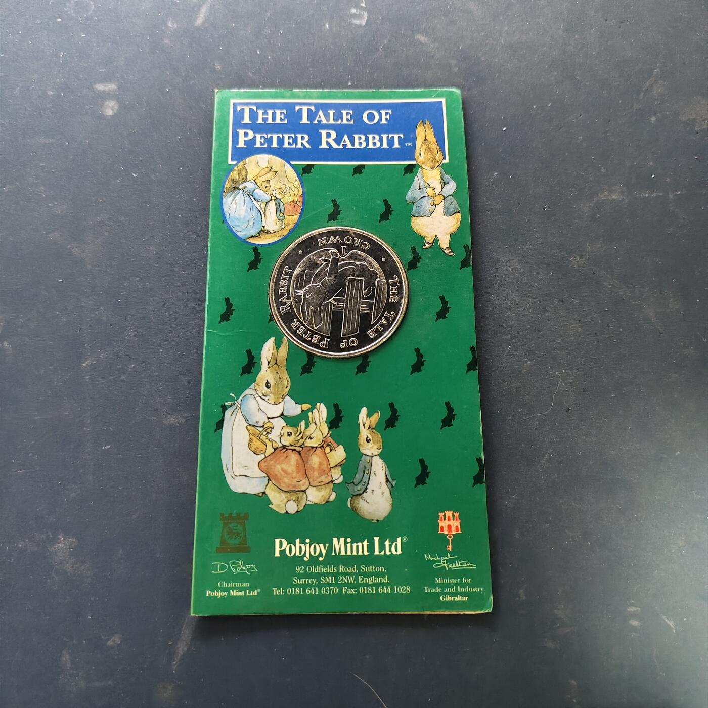 【全场包邮】纯粹捡漏拍519场 直布罗陀1996年1克朗彼得兔100周年官方卡装克朗型纪念币