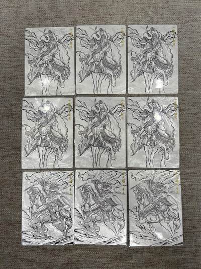 喜灰玩卡拍卖第七期，接拍品0佣金，欢迎送拍，释放现金流，让自己有资金可以购买更多喜欢的卡牌，让别的卡友能淘到更多心仪的卡牌 - 卡德曼 张建东水浒第二弹 线稿 粗闪一组9张 （6张柴进、三张李应）