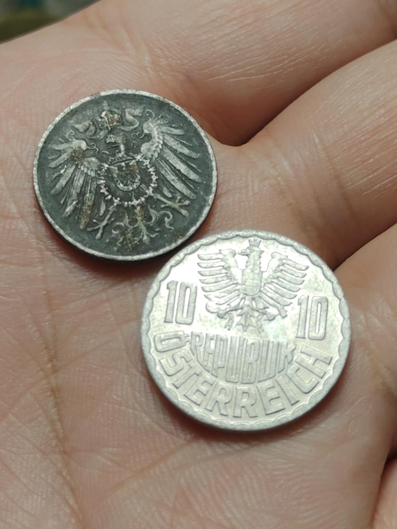 2026年第四十二场(总第二百一十一场）外国好品散币场(佣金3%) 德意志帝国1917年5芬尼铁币(威廉二世末期)，奥地利🇦🇹1970年10格罗申(二战后共和国时期第二版)两枚