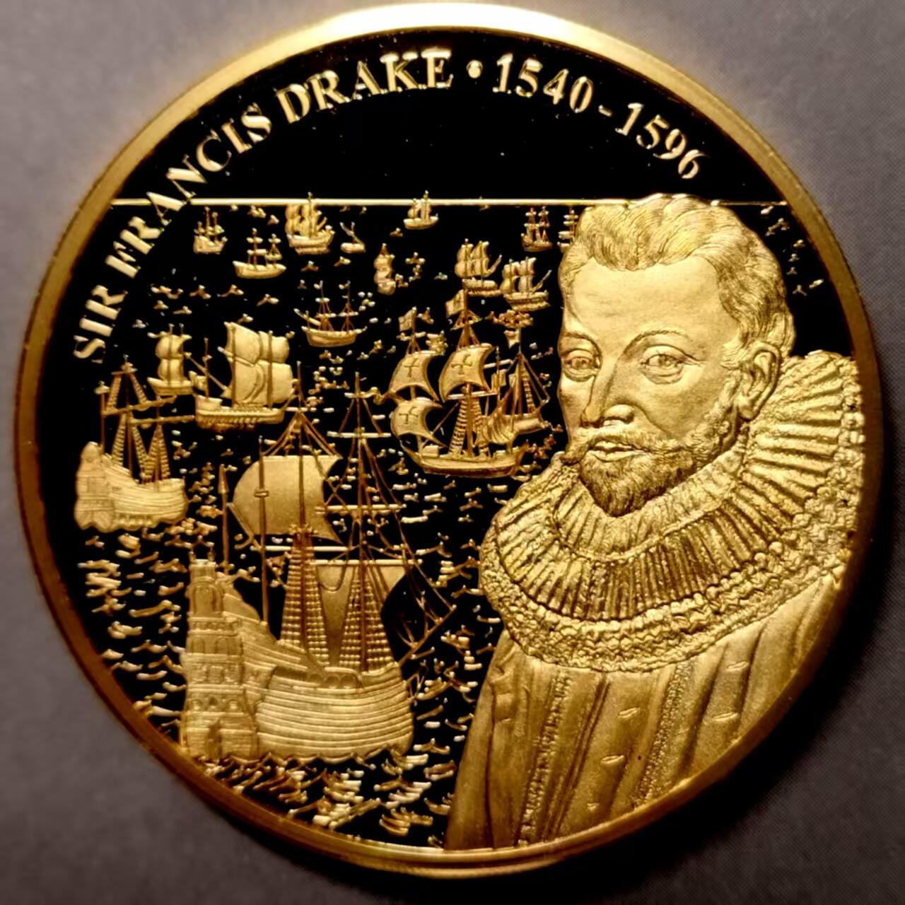 长老汇马年精选第十六场拍卖 库克群岛2019年精制镀金纪念币，英国统帅系列，弗朗西斯·德雷克爵士   加厚版本，比普通版本少见，重量50克，直径40mm
