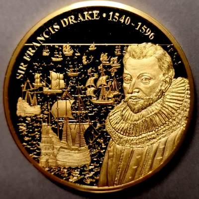 长老汇马年精选第十六场拍卖 - 库克群岛2019年精制镀金纪念币，英国统帅系列，弗朗西斯·德雷克爵士   加厚版本，比普通版本少见，重量50克，直径40mm