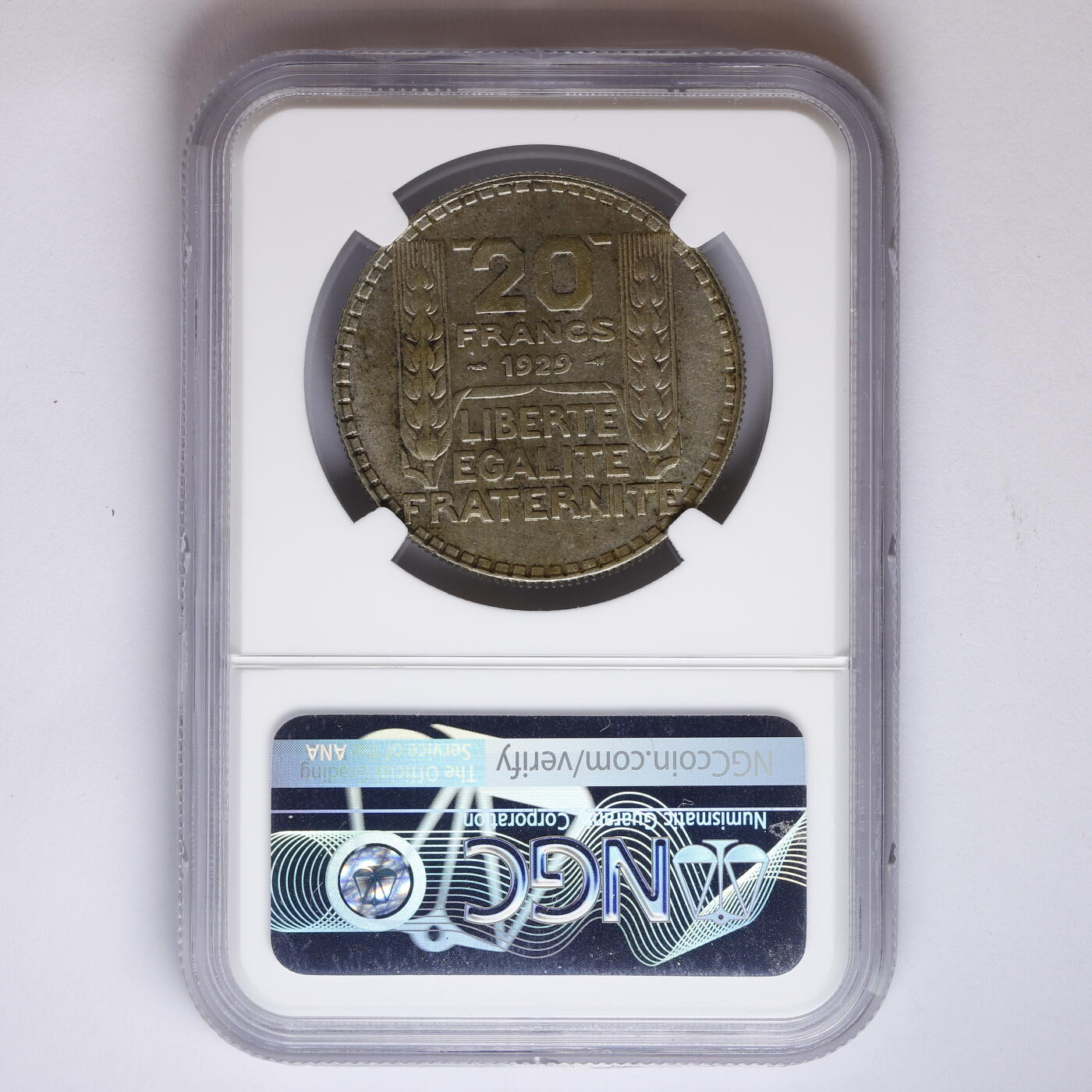 观钱 近现代机制币拍卖No.008（全场顺丰包邮，不区分偏远地区）  法国 1929 年法国银币 20 法郎 NGC AU58 近未流通，谷物女神细节完整，包浆自然，品相良好