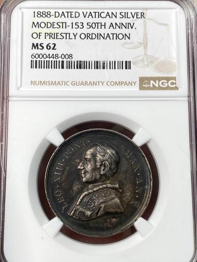 万国钱币拍卖第065期 - NGC MS62 1888年梵蒂冈教皇里奥十三世从事圣职50周年纪念银章 罕见欧陆厚重五彩环绕