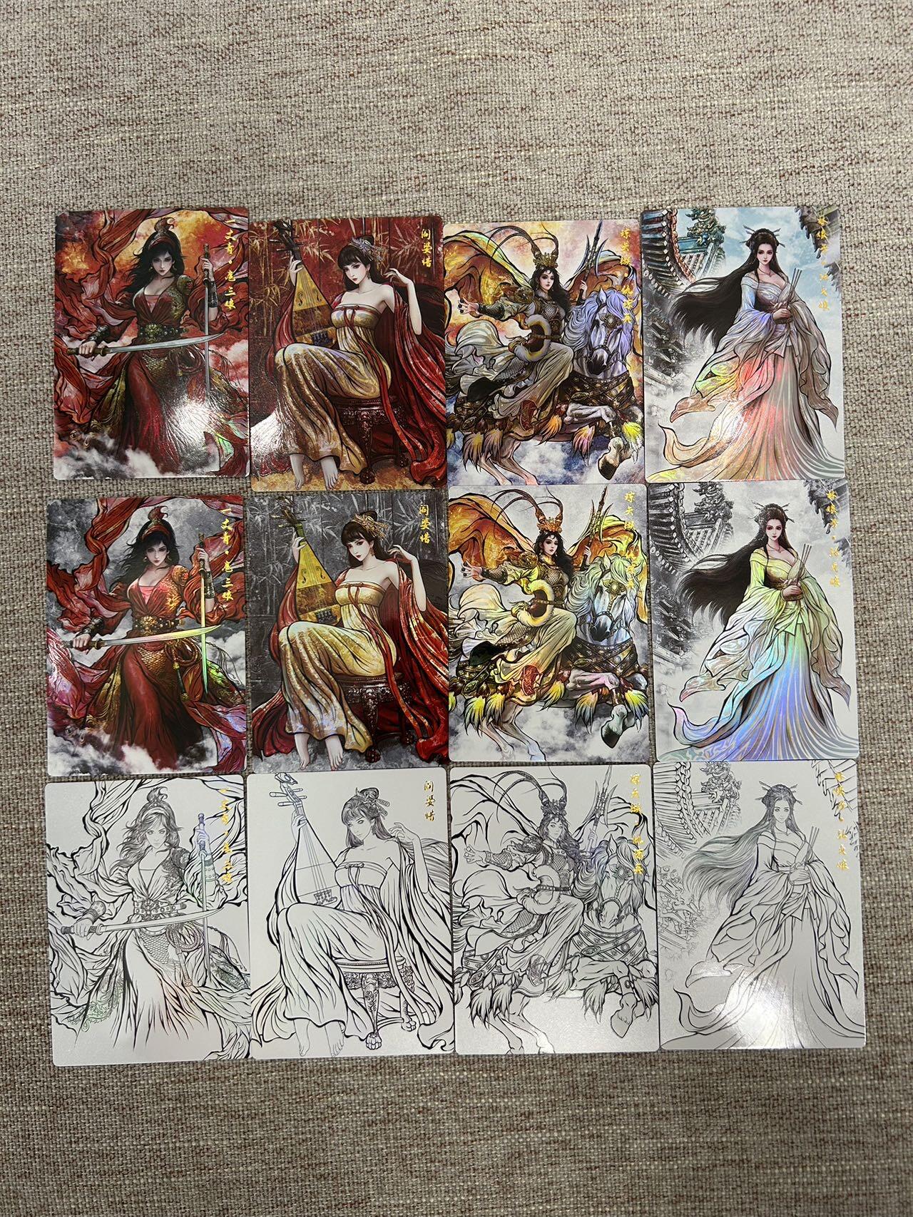 喜灰玩卡拍卖第七期，接拍品0佣金，欢迎送拍，释放现金流，让自己有资金可以购买更多喜欢的卡牌，让别的卡友能淘到更多心仪的卡牌 卡德曼 张建东水浒第二弹 彩闪特卡一组12张 扈三娘、张贞娘、阎婆惜、仇琼英（原画、水墨、线稿）