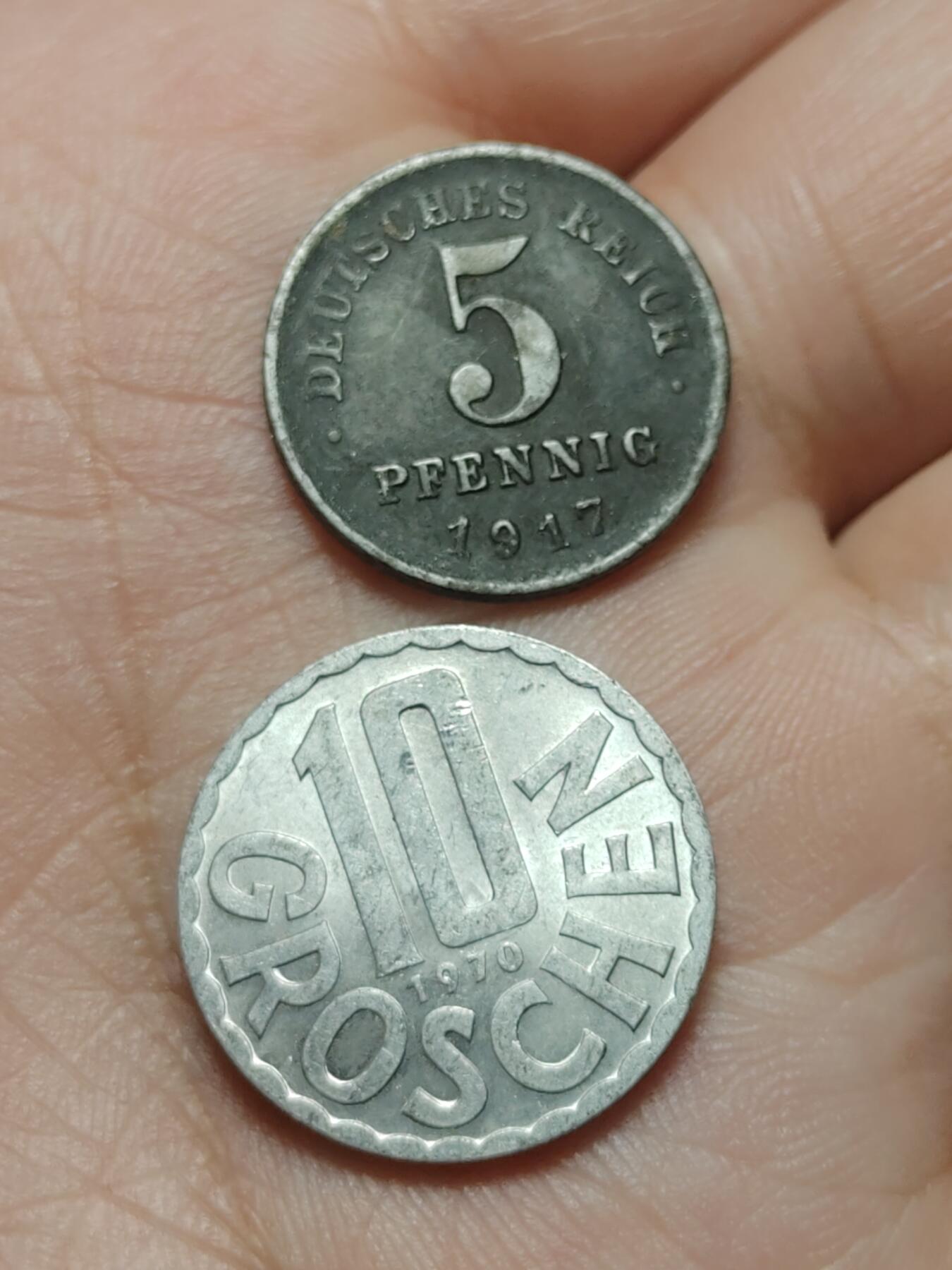 2026年第四十二场(总第二百一十一场）外国好品散币场(佣金3%) 德意志帝国1917年5芬尼铁币(威廉二世末期)，奥地利🇦🇹1970年10格罗申(二战后共和国时期第二版)两枚