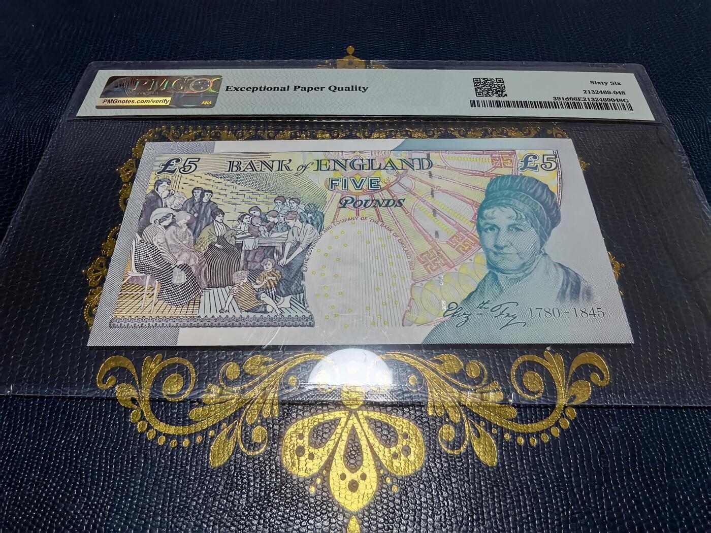 长老汇马年精选第十六场拍卖 2002英国伊丽莎白二世5英镑纸钞，PMG 66，E系列（2002-2012），背面是社会改革家伊丽莎白•弗莱