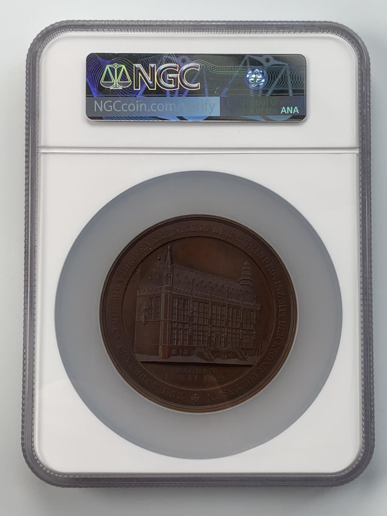 掌中浮雕-藏着的欧洲第057场 NGC MS64 : 1865年德国亚琛莱茵省并入普鲁士50周年纪念铜章, 70mm