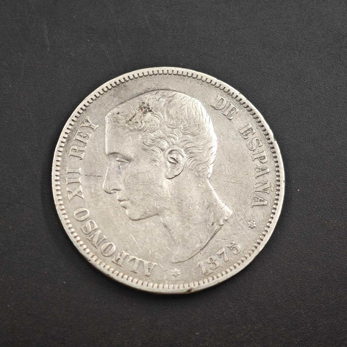 4月8日结束，成斌徽章钱币专场 西班牙1875年阿方索十二世5比萨塔银币 24.8g