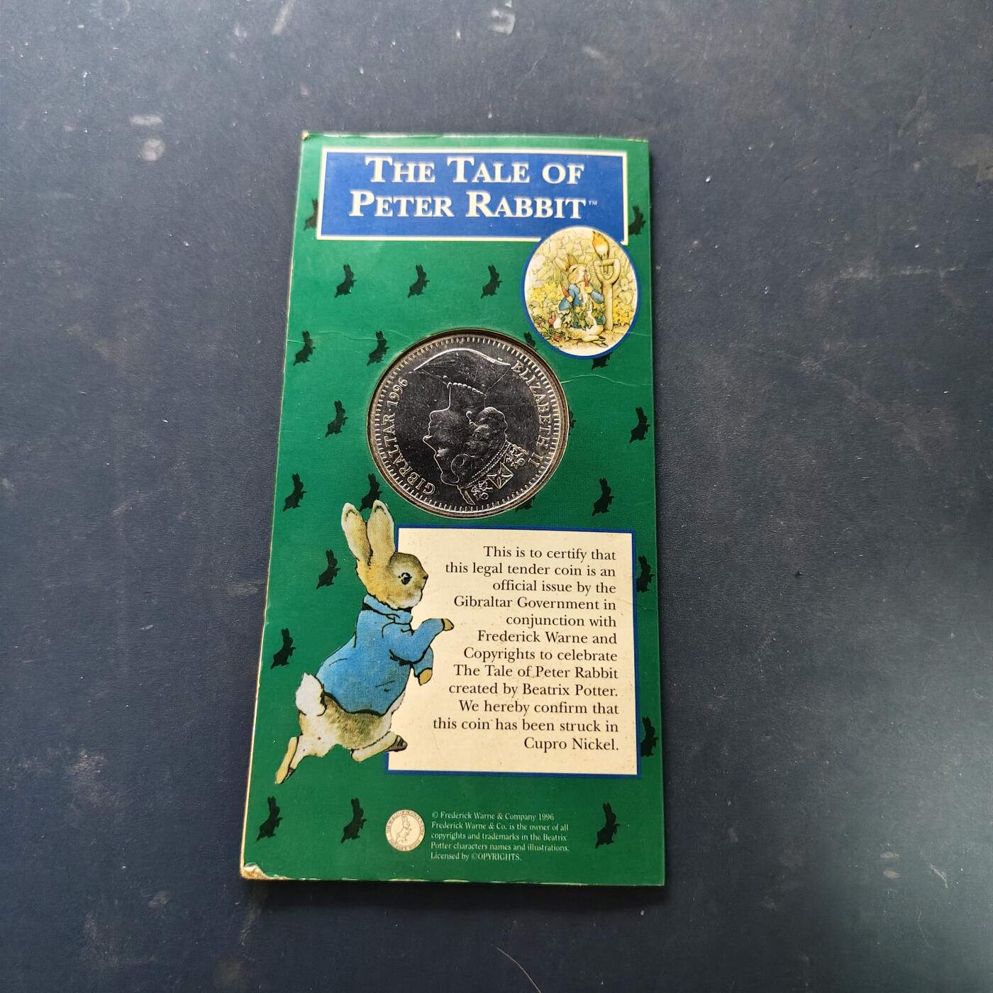 【全场包邮】纯粹捡漏拍519场 直布罗陀1996年1克朗彼得兔100周年官方卡装克朗型纪念币