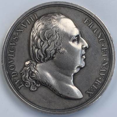 掌中浮雕-藏着的欧洲第057场 - 1816年法国国王路易十八纪念贝里公爵大婚银章，因为路易十八无嗣，他的侄子贝里公爵为未来的波旁王位继承人。50mm，78.3g，光边原铸。路易十八时期的原铸大银章十分少见