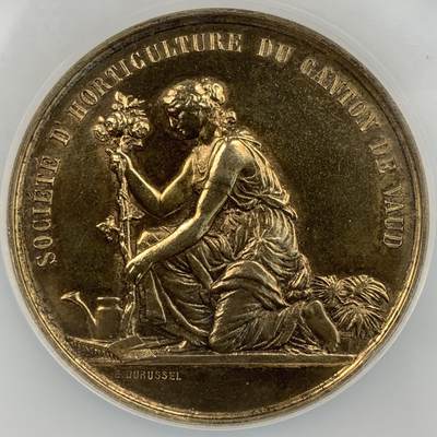掌中浮雕-藏着的欧洲第057场 - NGC MS61 : 1920年瑞士园艺协会服务奖章（镀金银章），50mm，70.5g