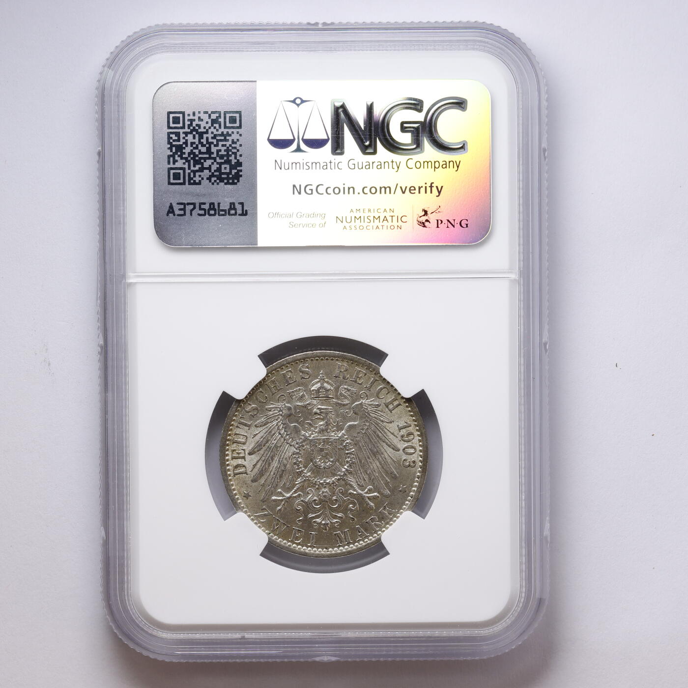 观钱 近现代机制币拍卖No.008（全场顺丰包邮，不区分偏远地区）  德国 1903A 普鲁士威廉二世 2 马克银币 NGC AU58 近未流通，人像细节完整，包浆自然，品相良好