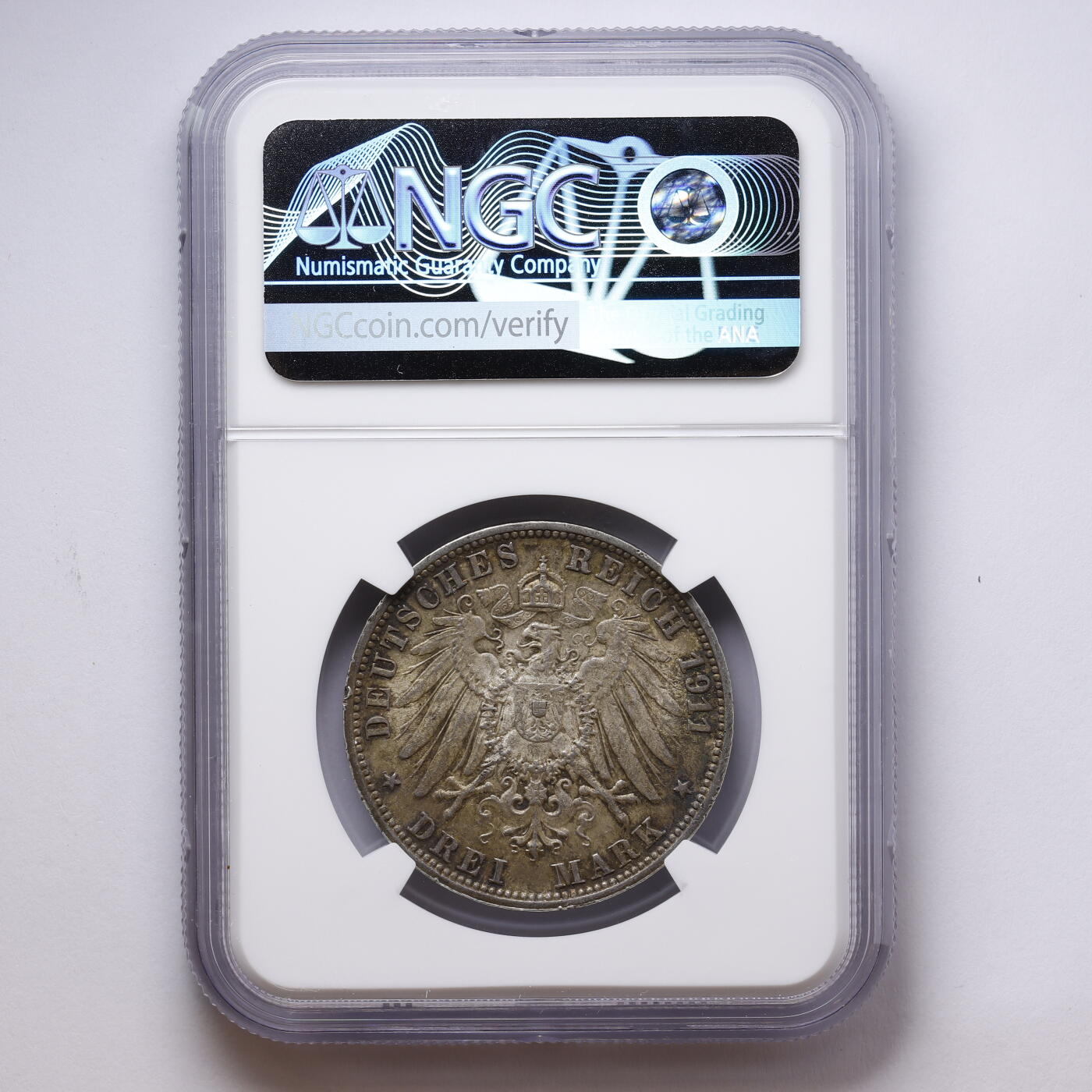 观钱 近现代机制币拍卖No.008（全场顺丰包邮，不区分偏远地区）  德国 1911F 符腾堡威廉二世与夏洛特金婚纪念 3 马克银币（LOW BAR 版） NGC MS63 未流通原光，人像细节完整，包浆自然，品相极佳