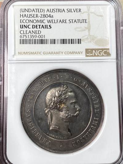 万国钱币拍卖第065期 - NGC UNCD 1874年左右奥地利弗朗茨·约瑟夫一世经济福利法令纪念大银章 41MM 厚重高浮雕原味淡彩环绕 少见品种