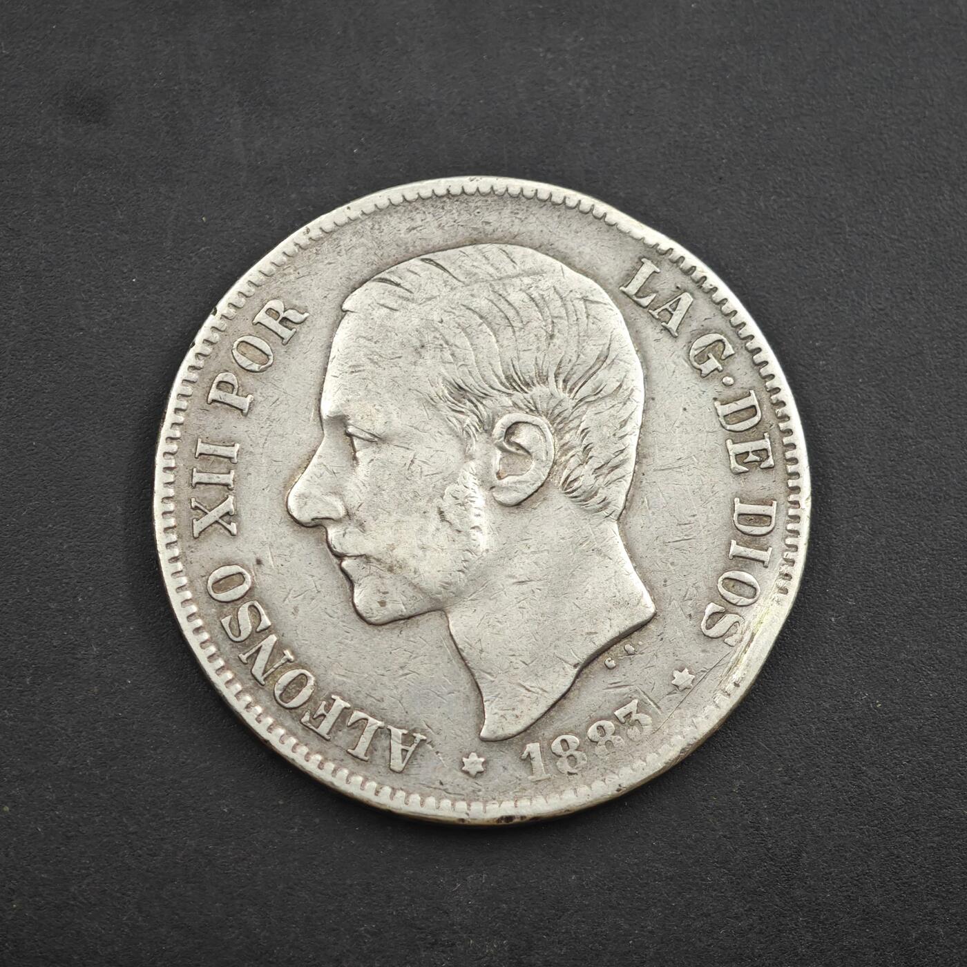 4月8日结束，成斌徽章钱币专场 西班牙阿方索十二世5比塞塔银币 24.5g