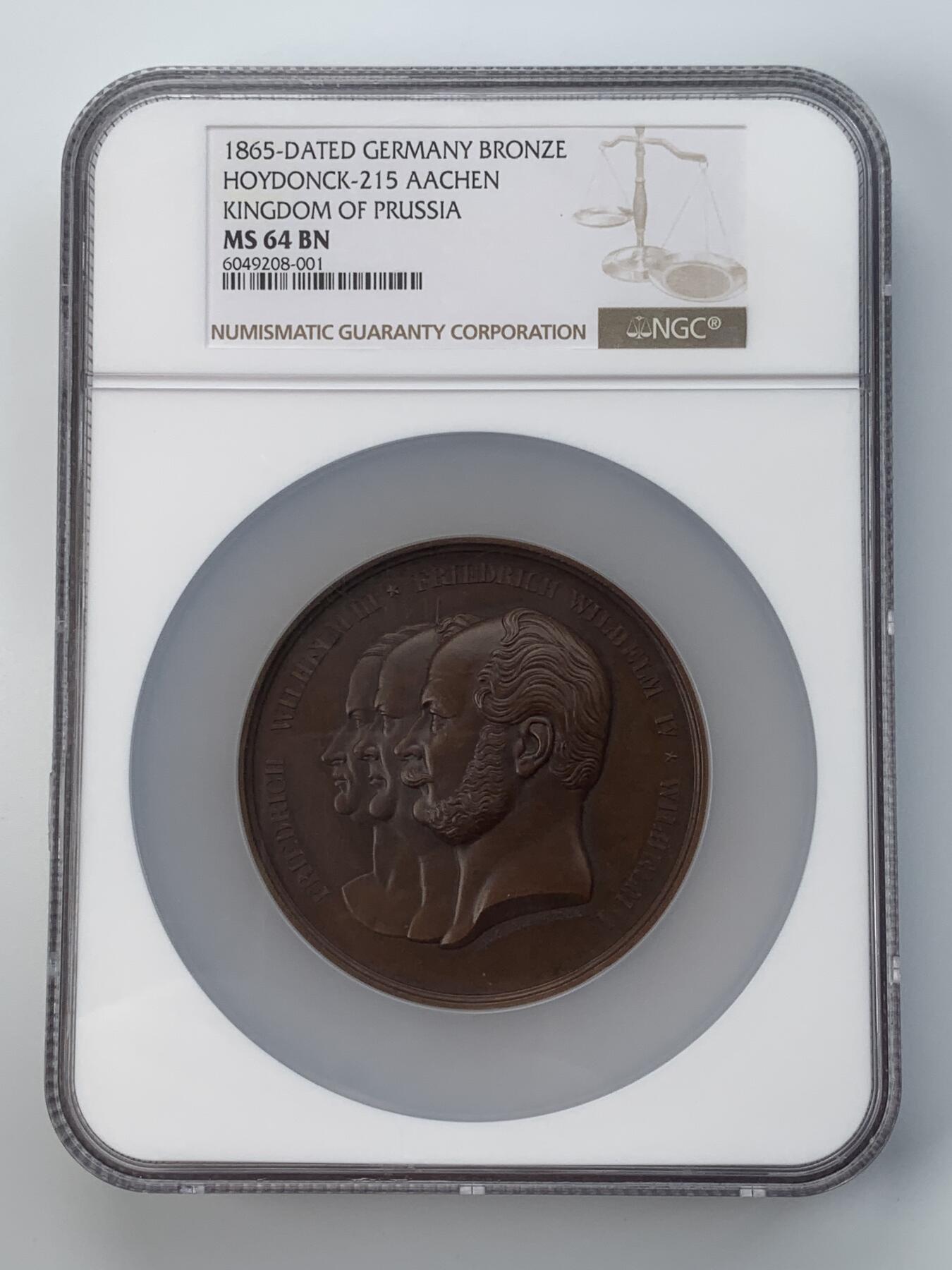 掌中浮雕-藏着的欧洲第057场 NGC MS64 : 1865年德国亚琛莱茵省并入普鲁士50周年纪念铜章, 70mm