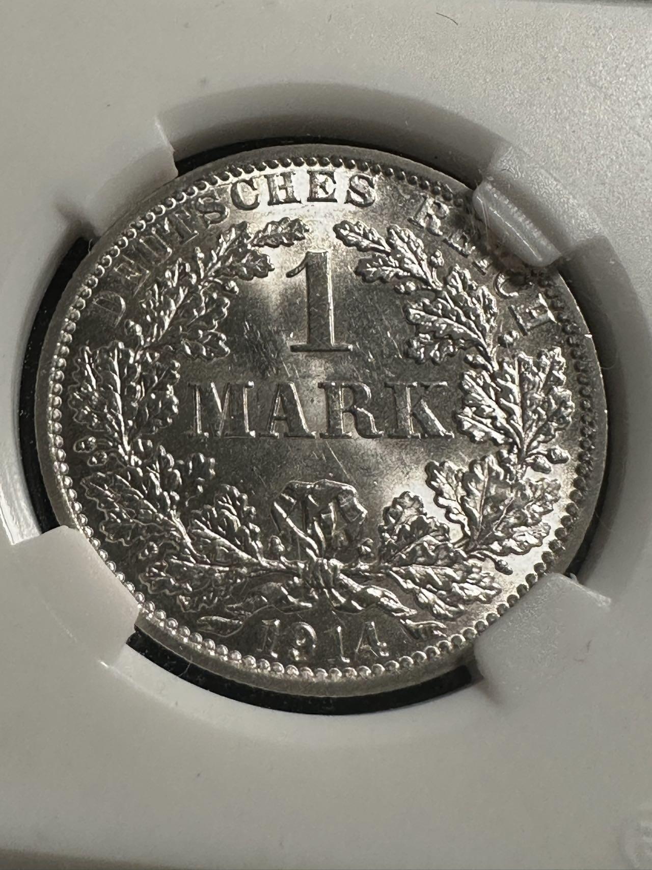 丙午马年四月第二场 。本期更新各类稀有品种 超级原光级别的德意志第二帝国1914年A厂1马克。据货主所言，是ngc给ms63不满意拆了壳子