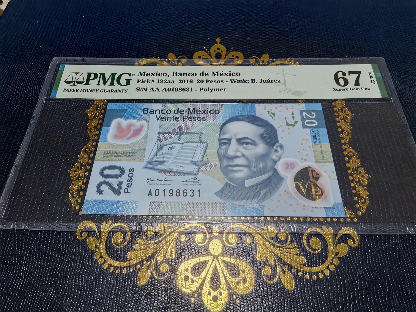 长老汇马年精选第十六场拍卖 2016墨西哥20比索塑料钞，PMG 67，冠军，AAA冠号，生日号198631
