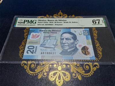 长老汇马年精选第十六场拍卖 - 2016墨西哥20比索塑料钞，PMG 67，冠军，AAA冠号，生日号198631