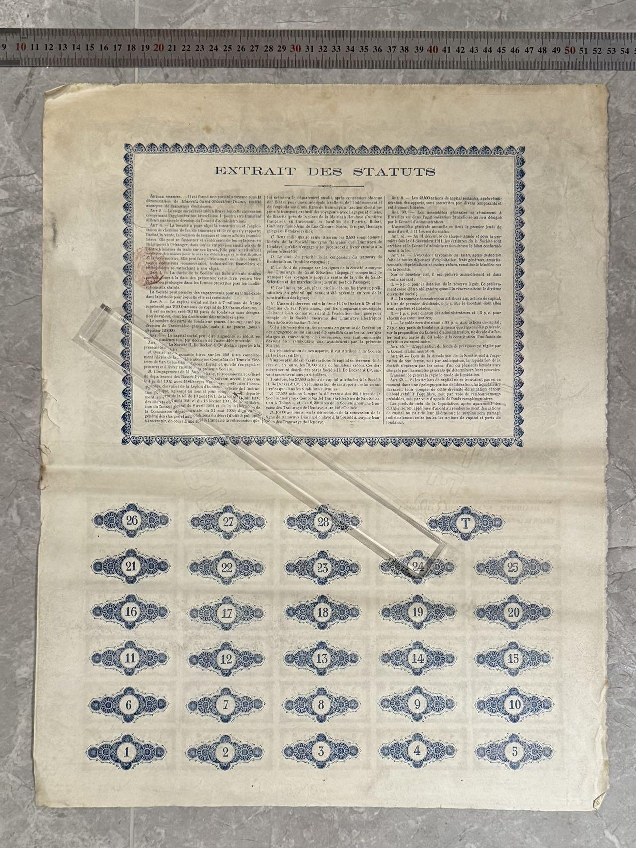 【乾奕收藏】上世纪初法国-西班牙边境“比亚里茨-圣巴斯蒂安-图卢兹电车公司1911年创始人股票，编号26009，7000000法郎资本，分为70000股，品相以图为准，适合老证券、股票、历史资料收藏