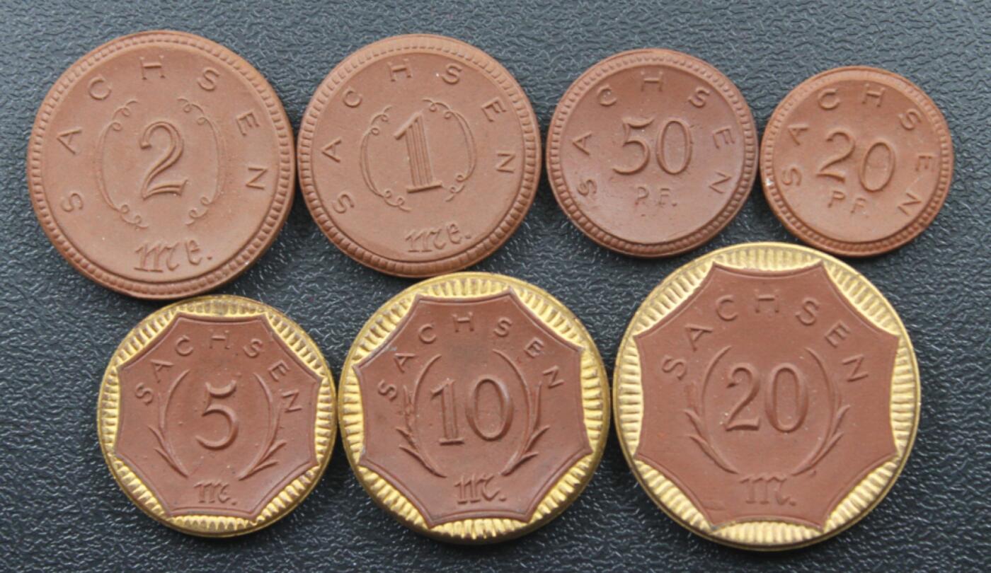 长老汇马年精选第十六场拍卖 1921德国撒克逊陶土代用币7枚套，含3枚镀金边