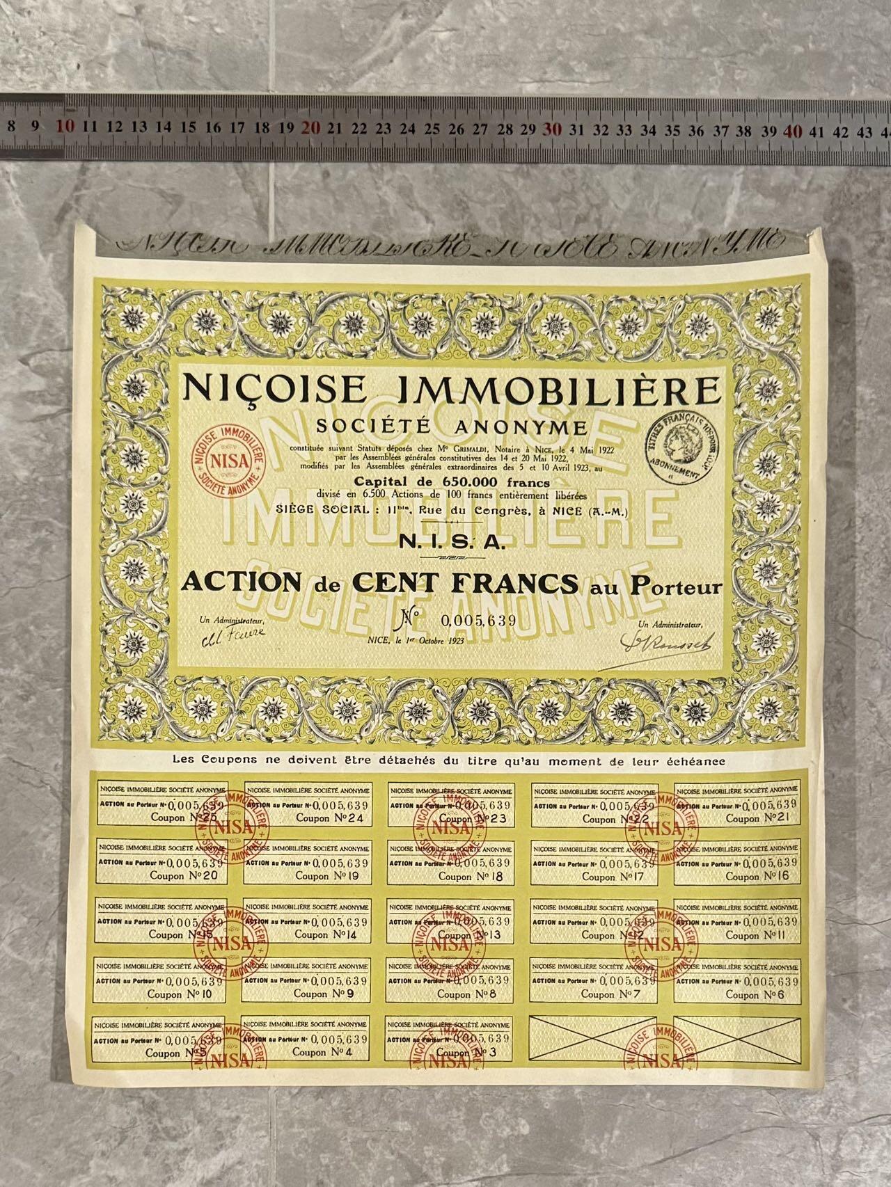  【乾奕收藏】法国尼斯地产股份公司Niçoise Immobilière 1923年10月1日100法郎无记名股票，编号0005639，650000法郎资本，6500股，附完整息票联，品相以图为准，适合老证券、股票、历史资料收藏