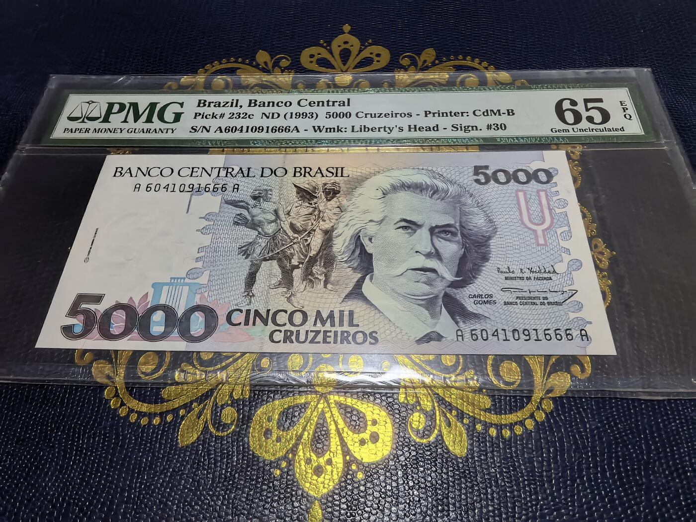 长老汇马年精选第十六场拍卖 1993巴西5000克鲁赛罗纸钞，PMG 65，豹子号，季军，更高38枚