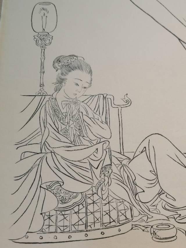 现代传统工笔白描《静思图》