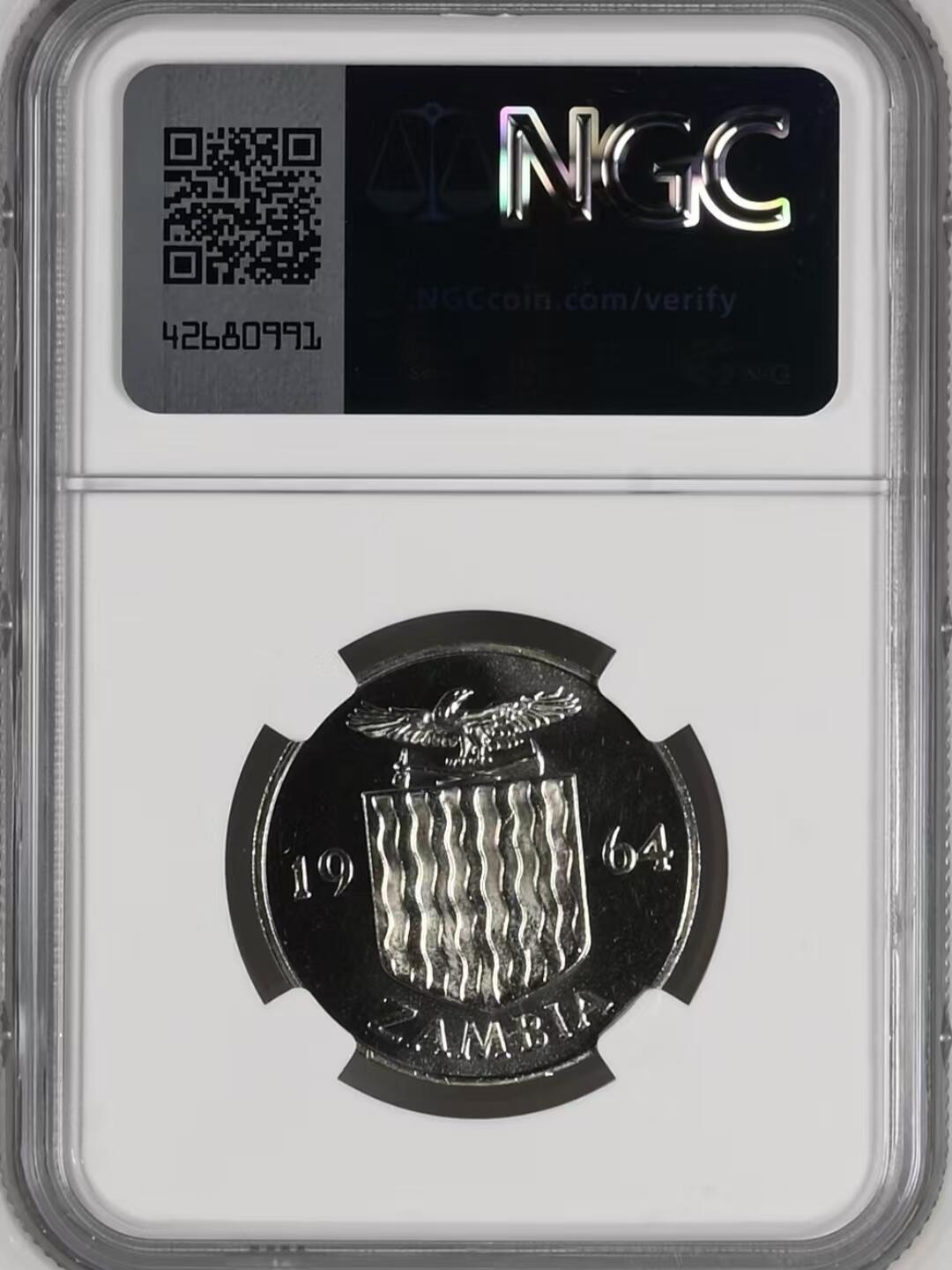 长老汇马年精选第十六场拍卖 赞比亚1964年独立首版流通币2先令精制，NGC PF67 CAMEO，唯一冠军，发行量：5000  书价高